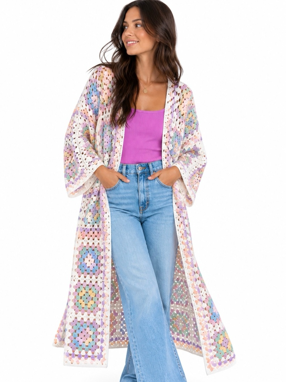 POL Granny Square Crochet Long Cardigan Duster Pastel Boho One Size